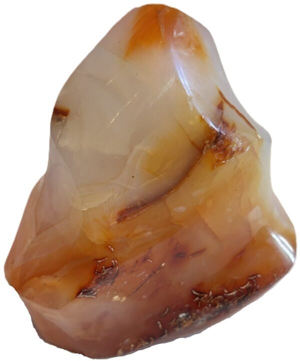 Carnelian flame 1 2 sians emporium Hand carved polished carnelian flame sculpture featuring twisting ridges with deep mahogany red burnt orange tones and smoky chalcedony patches isolated on a white background